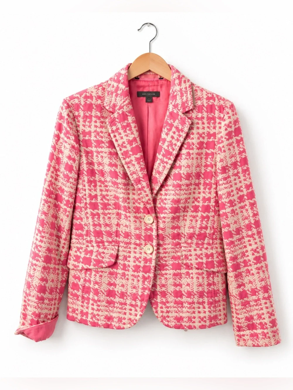 Ann Taylor Pink Cream Tweed Blazer Jacket Women’s Size 6 Career Preppy Classic